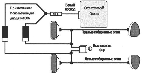 Подсоединение к левым и правым габаритным огням при помощи двух диодов