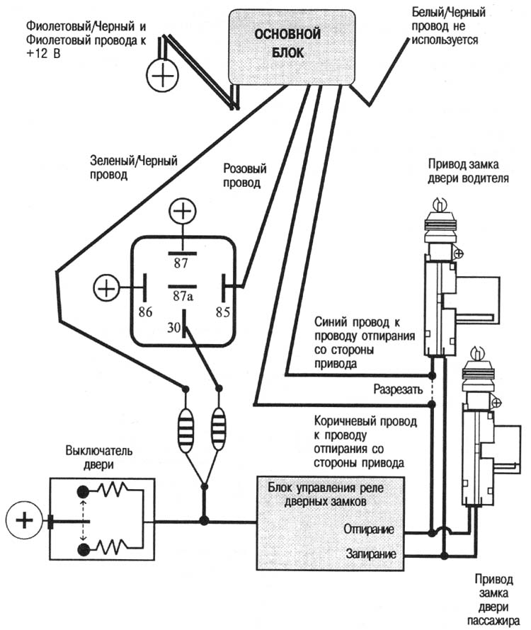 ОДНОПРОВОДНАЯ ИМПУЛЬСНАЯ СИСТЕМА ЗАМКОВ С ПОЛОЖИТЕЛЬНОЙ ПОЛЯРНОСТЬЮ. Отпирание в первую очередь двери водителя. Использование дополнительного реле.