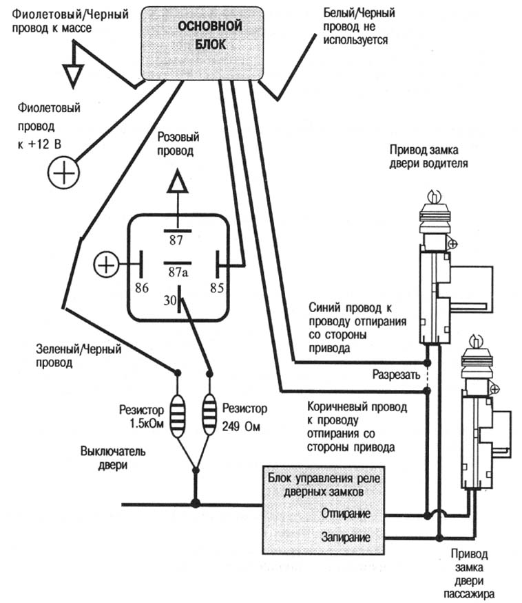 ОДНОПРОВОДНАЯ ИМПУЛЬСНАЯ СИСТЕМА ЗАМКОВ С ОТРИЦАТЕЛЬНОЙ ПОЛЯРНОСТЬЮ CHRYSLER. Отпирание в первую очередь двери водителя. Использование дополнительного реле