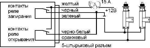 Схема подключения приводов дверных замков. Полярность подключения приводов определяется экспериментально в процессе установки.